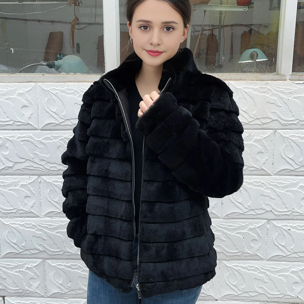 Fancy Rani Natural Rex Rabbit Fur Coat Women Winter Jacket Real Leather And Fur Odzież wierzchnia dla kobiet z 2024 Black Cold