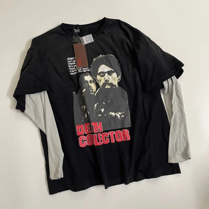 

Vintage Black Grey Fake Two Piece Men Long Sleeve T-Shirt PALY Retro Portrait Graphic Tee