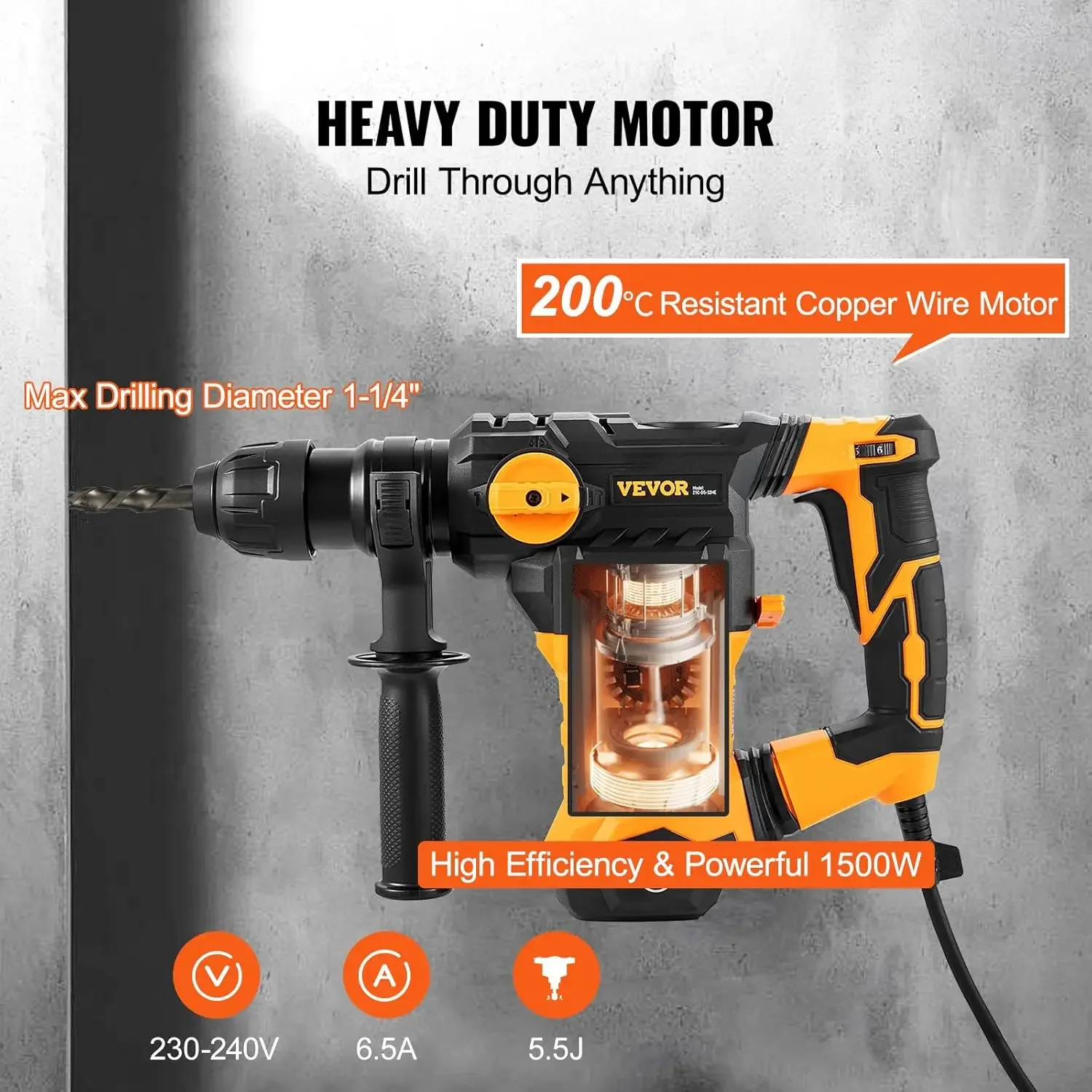 1-1/4 Inch SDS-Plus Rotary Hammer Drill, 13 Amp Corded Drills, Heavy Duty Chipping Hammers w/Vibration Control & Safety Clutch