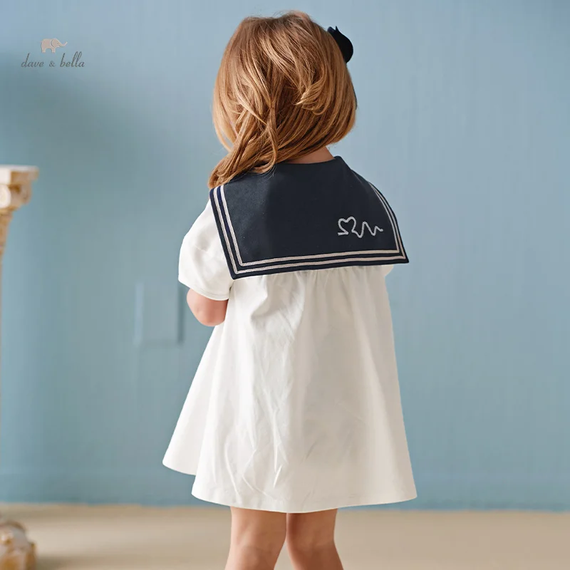 

Dave Bella Girls White Dress 2024 New Summer Children's Baby Sailor Collar Cute Sweet Fashion Casual Academic-Style DB2241215