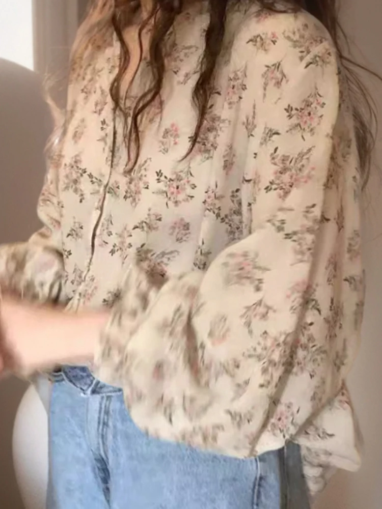 

Summer 2024 Women's Floral Chiffon irt Thin V-Ne Loose Design Korean Sle Long Sve Office Commute Faion Trend