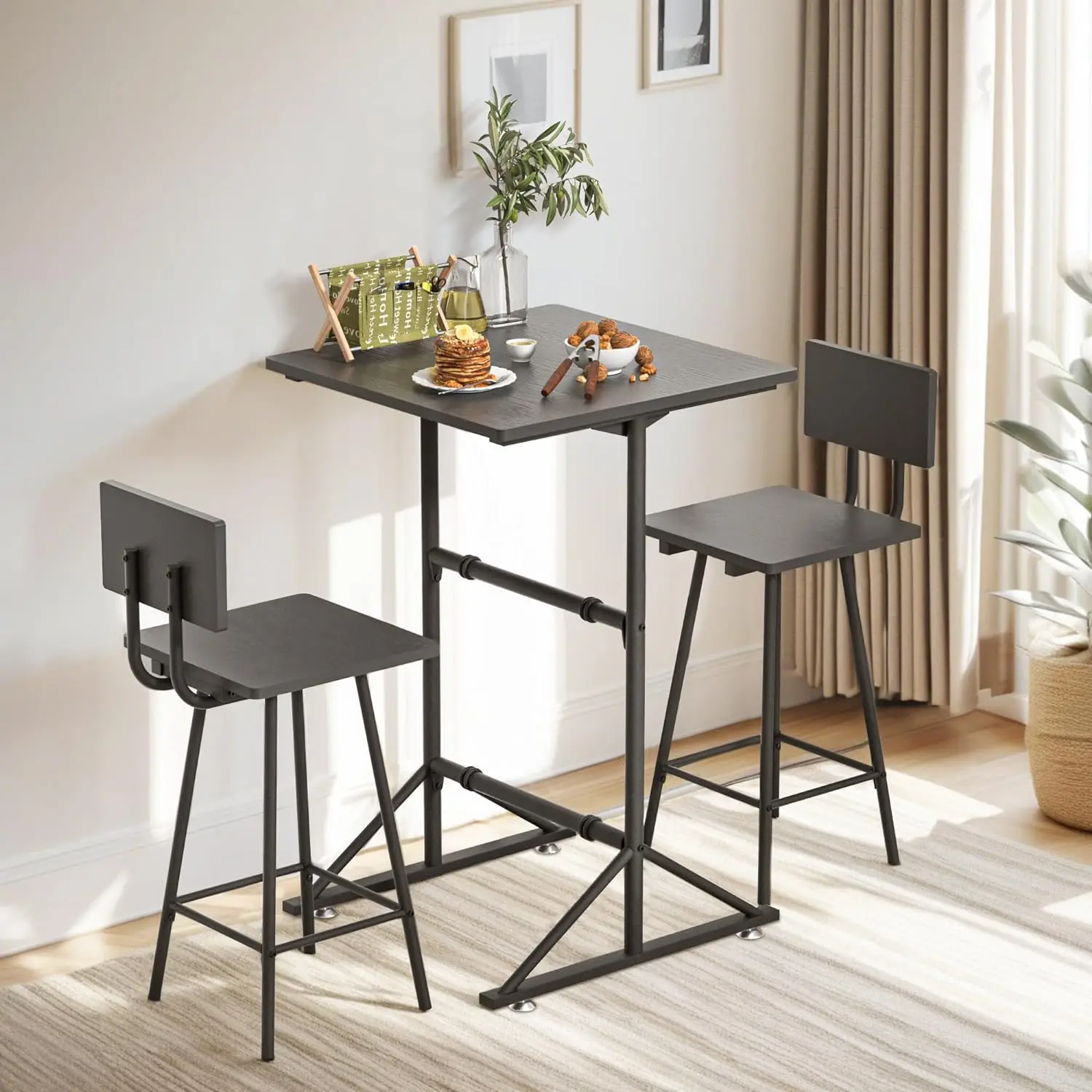 

3-Piece Bar Table Chairs, Square Counter Height Bistro Dinette Sets with 2 Barstools for Kitchen, Breakfast Nook, Small S