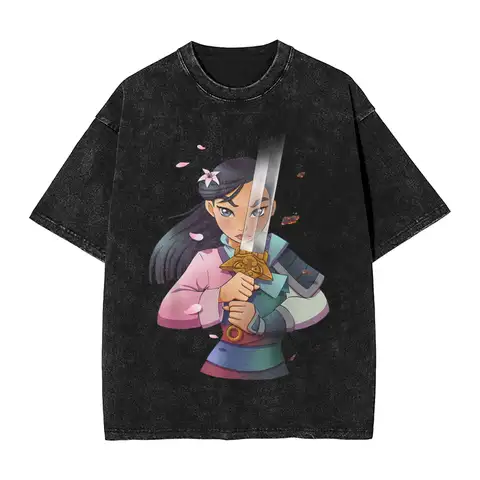 빈티지 뮬란 애니메이션 하프 소녀 하프 워리어 그래픽 티셔츠 남성 Crewneck 100% 코튼 워시 티셔츠 반소매 티셔츠 의류