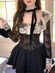 New Gothic Black Vintage Slim Lace Dress Woman Short Party Fashion Y2k Mini Dress Spicy Girls E-girl Fit Kawaii Sweet Dresses