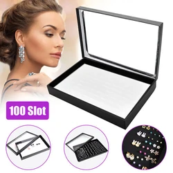 Ring Display Case Organizer with Transparent Lid 100 Slot Jewelry Studs Earrings Tray Holder Storage Tray Box