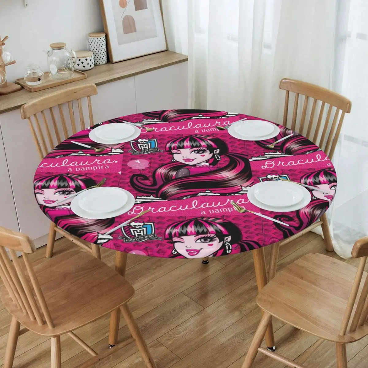 Monsters High Anime Tablecloth Round Fitted Oilproof Gothic Pink Dolls Table Cloth Cover for Party