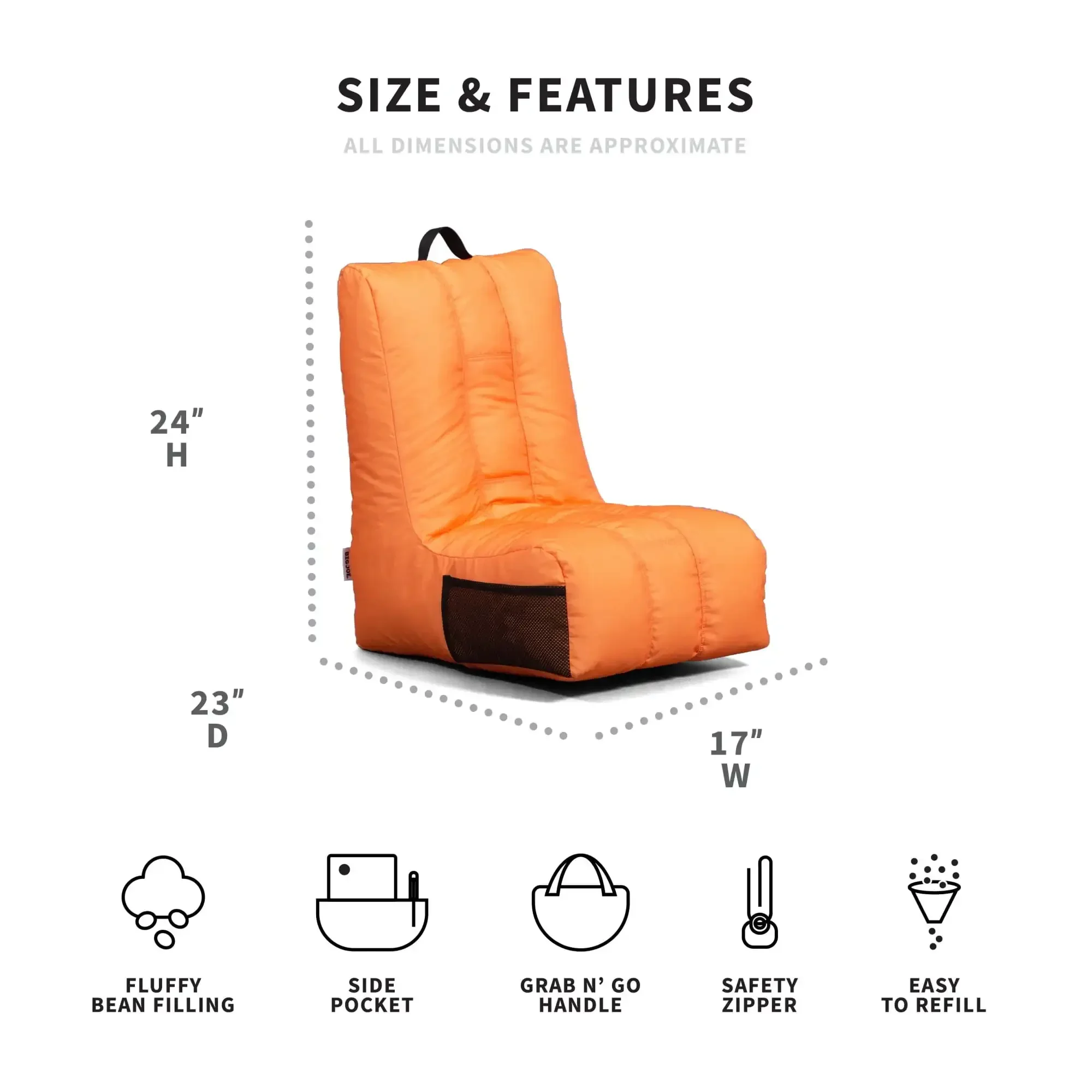 Video Lounger Bean Bag Chair, Tangerine Smartmax, Durable Polyester Nylon Blend, 2 feet Furniture  Chairs For Bedroom