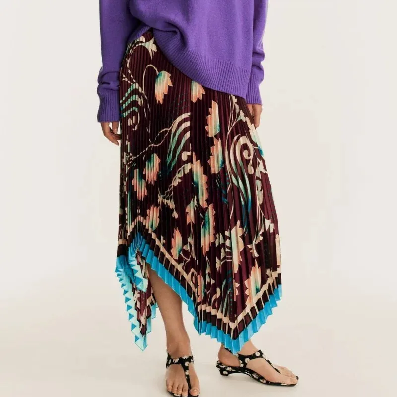 New 2026 Early Autumn Casual Print Asymmetrical Pleated Midi Skirt Women's mid Waist Loose Fit Other Material Skirts