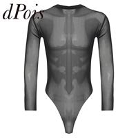 Mens See Through Long Sleeve Bodysuit Sexy Lingerie High Cut Lace-up Crotch Leotard Bodysuits Homme Jumpsuit