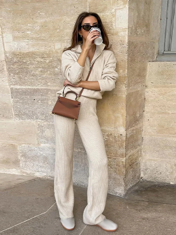 Solid Elasticity Straight Knitted Pants Suit Women Casual Flip Collar Half Zipper Long Sleeves Loose 2pcs Set Lady Street Outfit