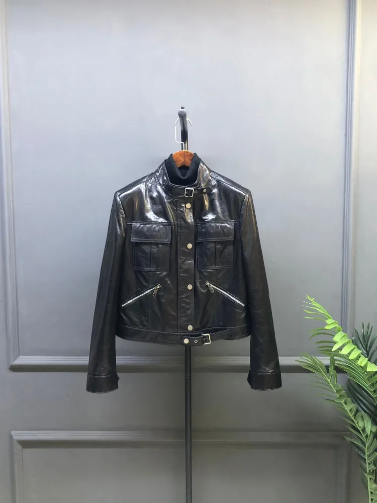 Punk Women Genuine Leather Motorcycle Jacket Stand Collar Streetwear Outerwear Vintage Oil Wax Sheepskin Short Coat