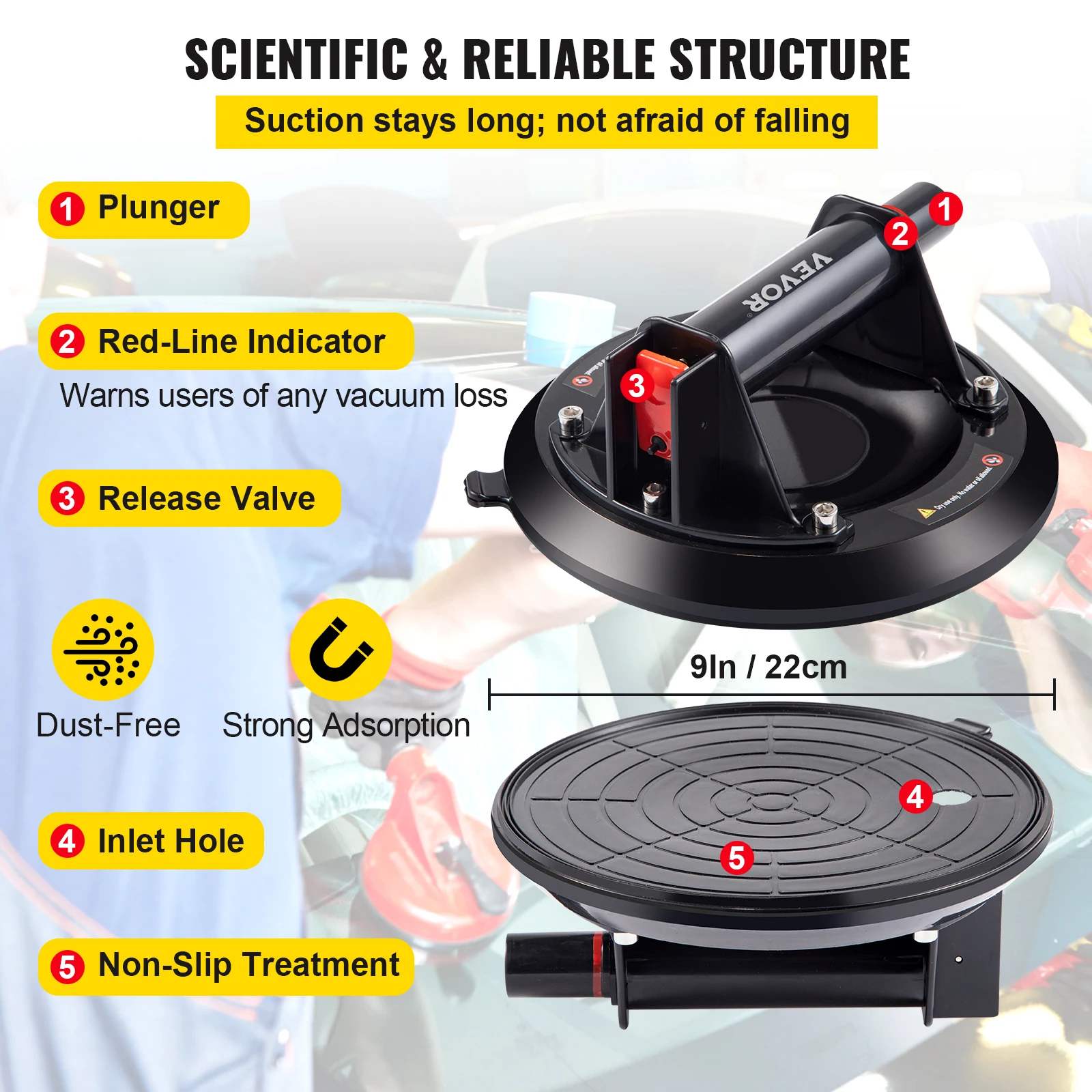 VEVOR 9 Inch Hút Chân Không Hút Nâng 275 Lbs Công Suất Tải Hạng Nặng Cầm Tay Thuỷ Tinh Nâng Cho di Chuyển Lớn Đá Hoa Cương Ngói