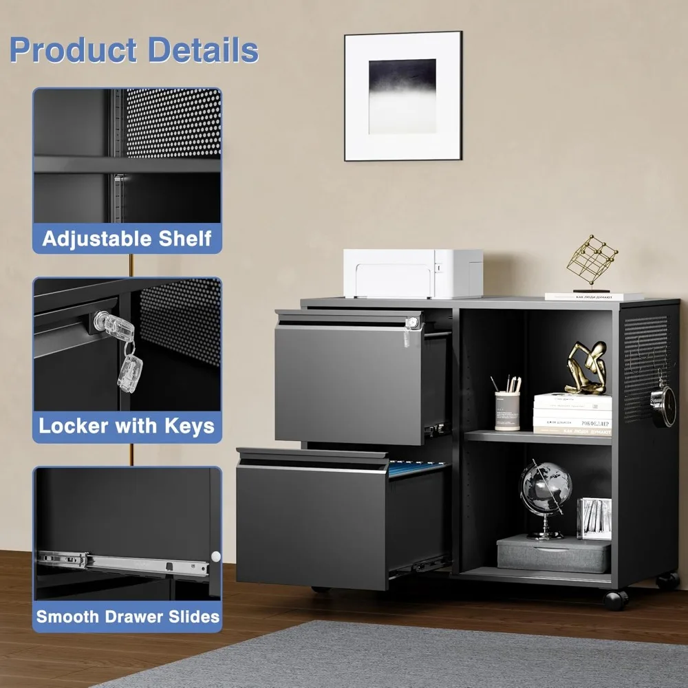 خزانة ملفات جانبية متنقلة، خزانة ملفات ذات درجين مع قفل تناسب مقاس A4/F4 أو حرف للمكتب المنزلي، #5