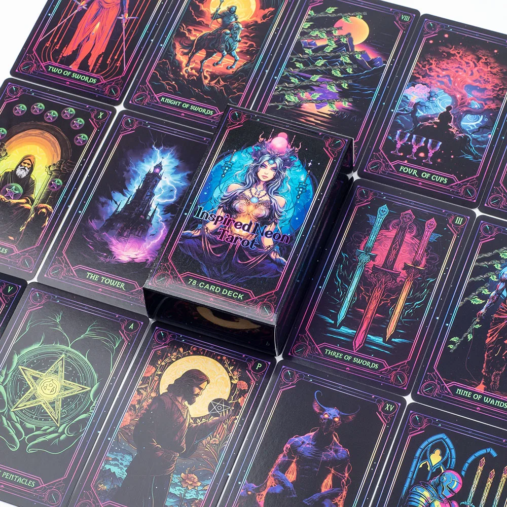 nspired Neon Tarot A 78-Card Deck English Visions Entertainment Game Card Family Gathering Divination Deck Board Games 10.3*6Cm