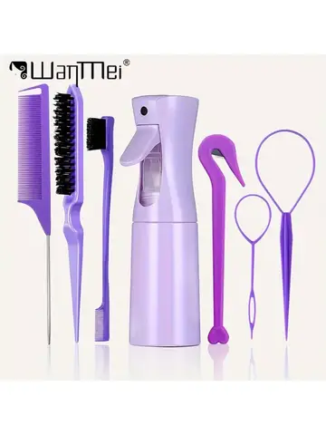 7pcs Hairdressing Tool Set Bristle Rat Tail Edge Comb Eyebrow Brush with Braiders Ponytail Creator Water Sprayer Styling Set