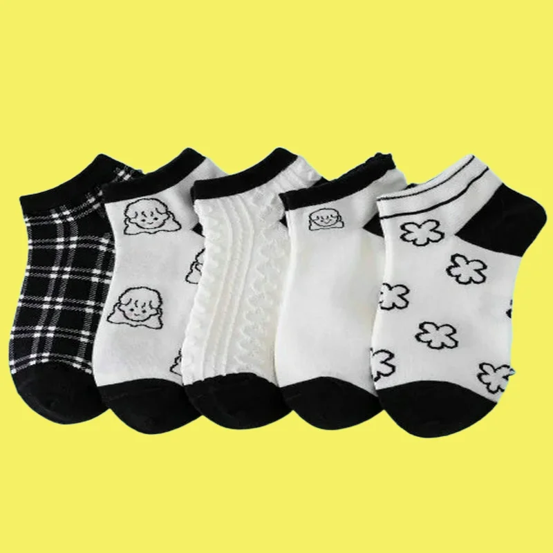 

5/10 Pairs Women Socks Cute Low Tube Black White Colour Fashion Famle Comfortable Polyester Cotton Casual New High Quality Socks