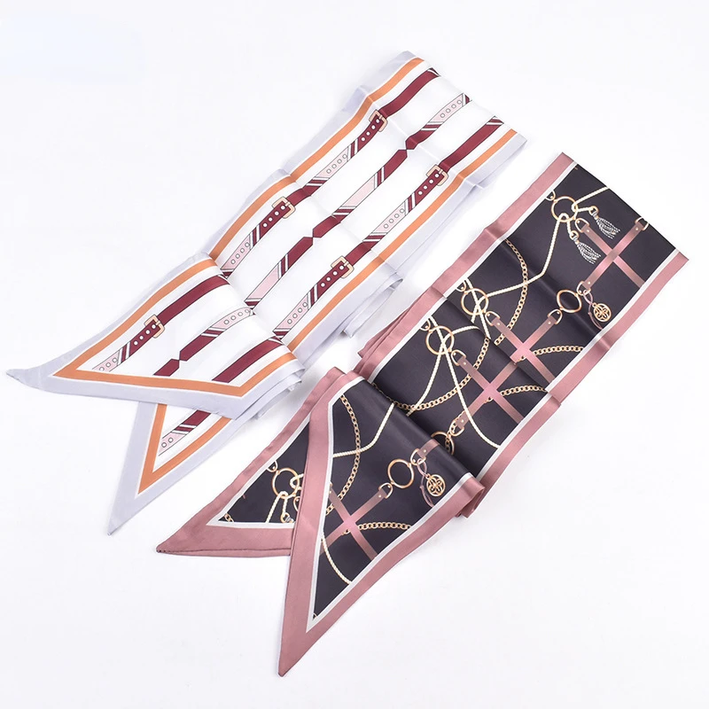 

Summer Fashion New Chain Graphic Print Double Long Beveled Large Ribbon Small Silk Scarf Luxury Brand Designer Bag Printed Hijab