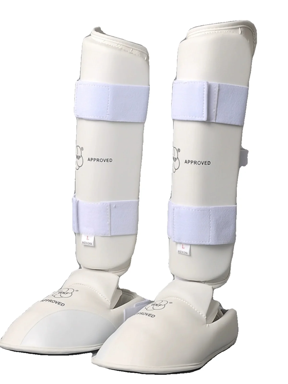 

White Karate shin guards, leg guards, foot guards, karate protectors, adult karate leg guards