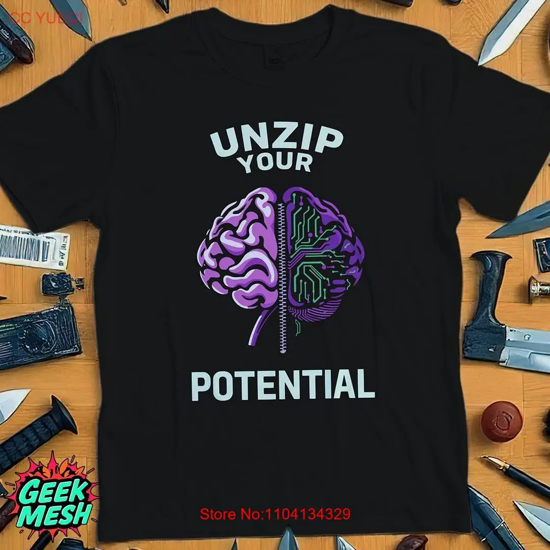 Black 'Unzip Your Brain' Cybernetic T Shirt with Half Human Robotic Brain and Zipper Design Futuristic Sci Fi