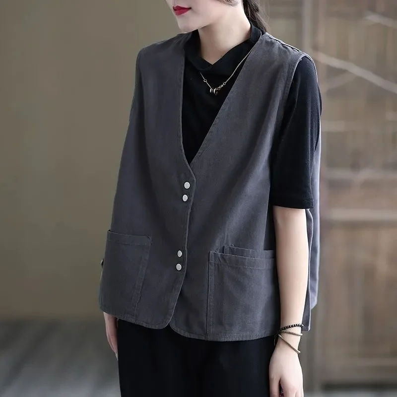 

Korean Ladies Solid Color Casual Sleeveless Autumn Women V-neck Loose Waistcoat Coat Spring Female Fashion Vest Outwear