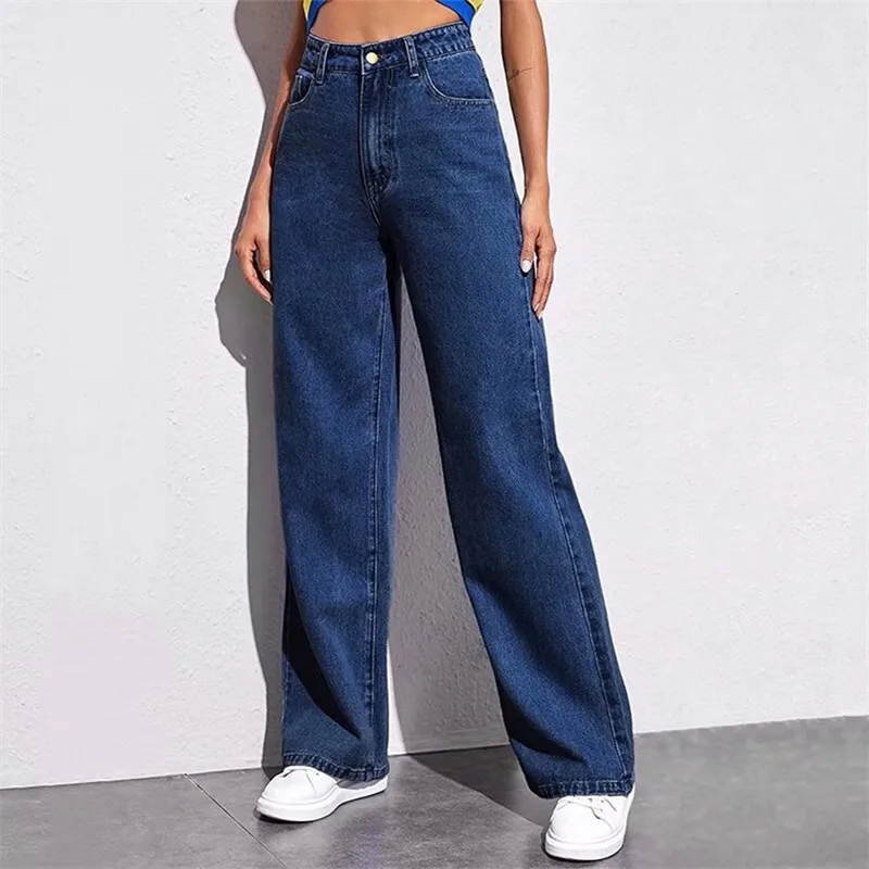

Fashion High Waist Wide Leg Jeans Women Casual Denim Pants Straight Cut Non-Stretch European Style All Seasons Ladies Trousers