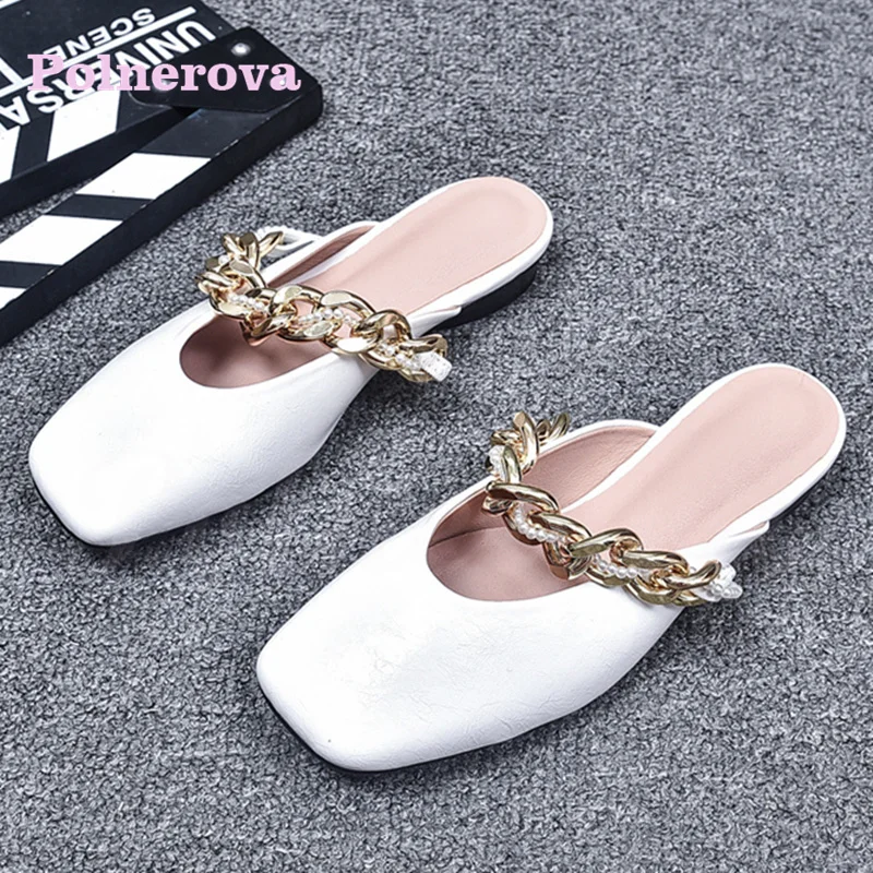 Gerimpeld Lederen Metalen Gesp Halve Slippers Ondiepe Mond Ketting Schoenen Met Lage Hakken Franse High-End Sandalen Damesschoenen