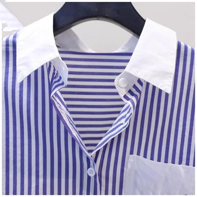 Casual Comfort Simply Short Sleeved Blue Striped Embroidery Shirt for Women's Summer Loose Slimming Trendy Contrasting Color Top