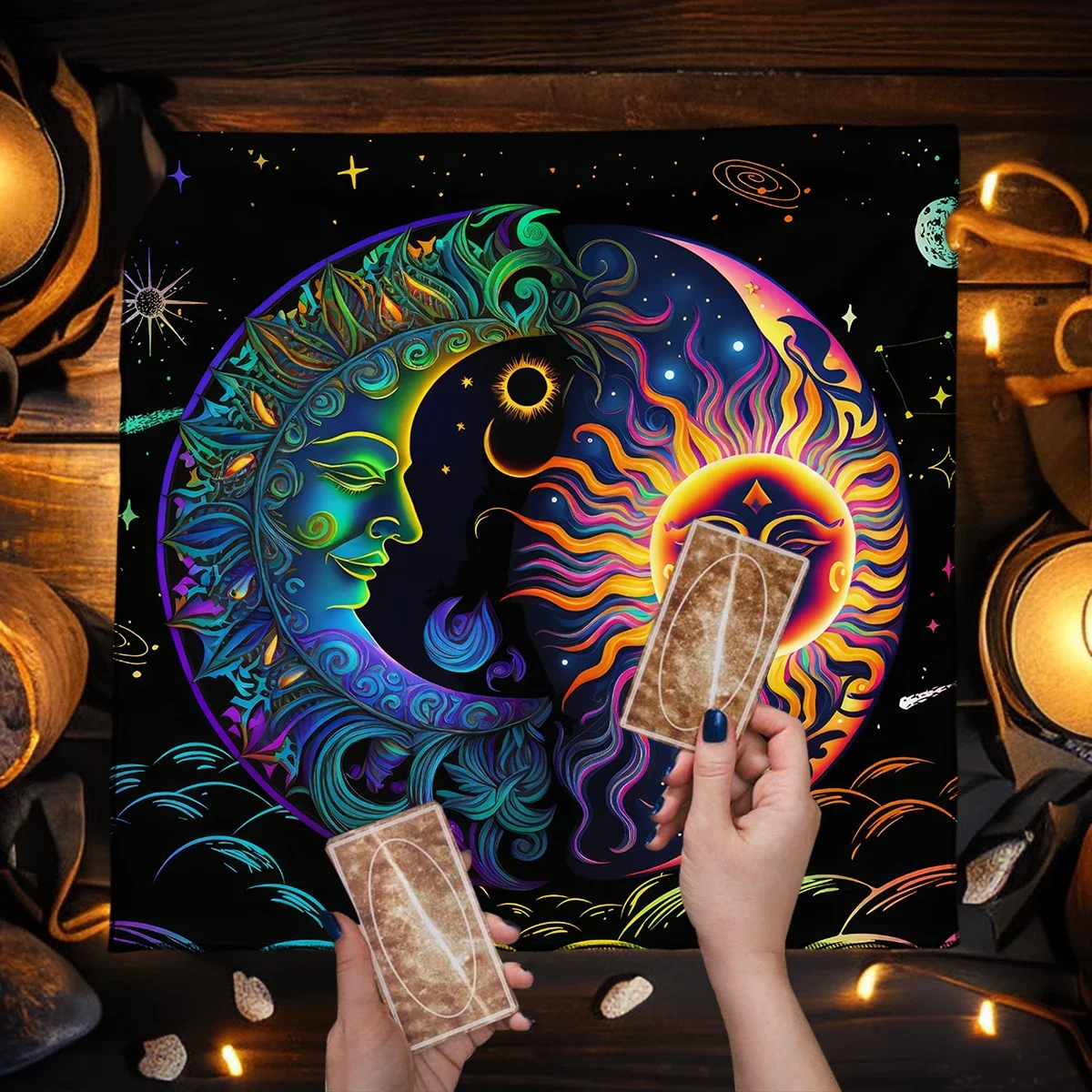 Mystieke Kleurrijke Zon en Maan Tarot Kaart Tafelkleed Astrologische Waarzeggerij Altaarkleed Kaartspel Mat Hekserij Witchy Decor