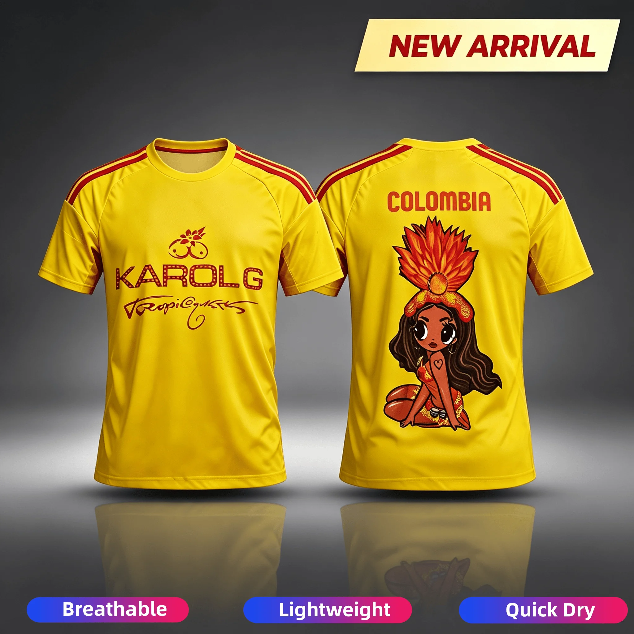 Karol G Kolumbien Graffiti Fußballtrikot für Männer und Frauen Tropic Gusto Cartoon-Druck Kurzarm Atmungsaktives Fußball-Fan-Shirt Top 26