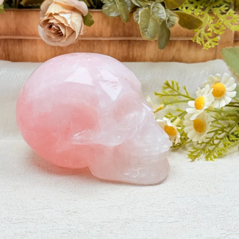 Natural Rose Quartz Skull with Random Texture Indoor Decorative Stone, Bohemian-Style Polished Ornament for Home