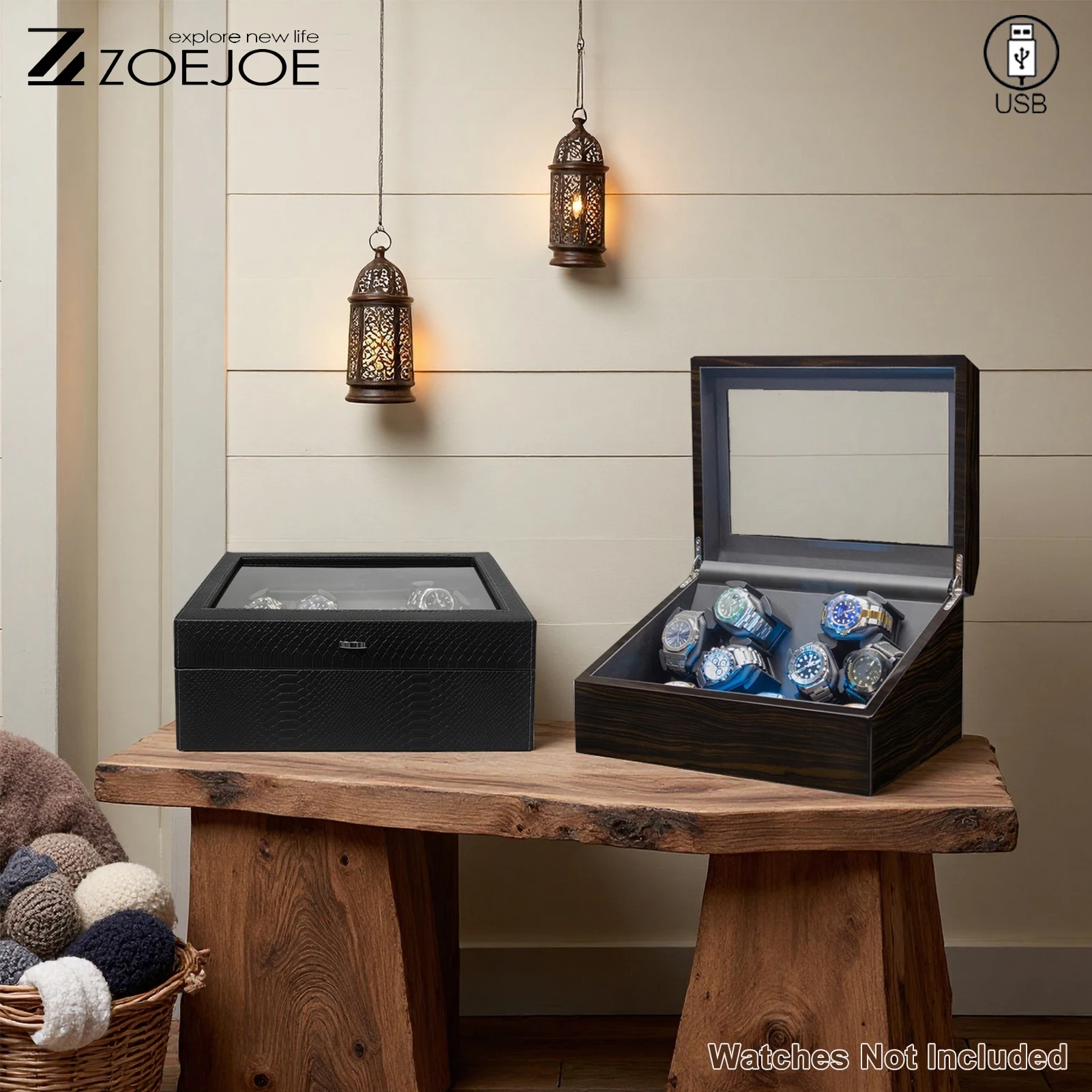 ZOEJOE Automatic Watch Winder Pu Leather USB Cable Low Noise Wath Storage Box With Light Birthday Gifts For Men Women