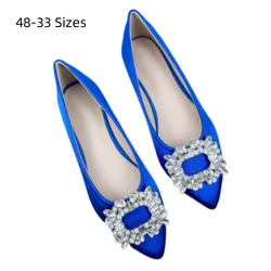 Women Green Blue Shoes Silk Null Plain Flats Pointed Toe Slip-On With Crystal Buckle Shallow Mouth Cute Retro Tacons 32-48 28cm