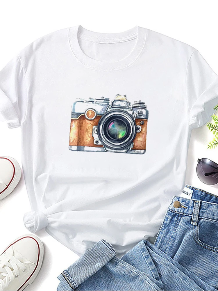 2024 Women Short Sleeve Tshirt White O-Neck Camera Print Loose Summer White Tee Top Ladies Clothes Casual Short Sleeve T-Shirts