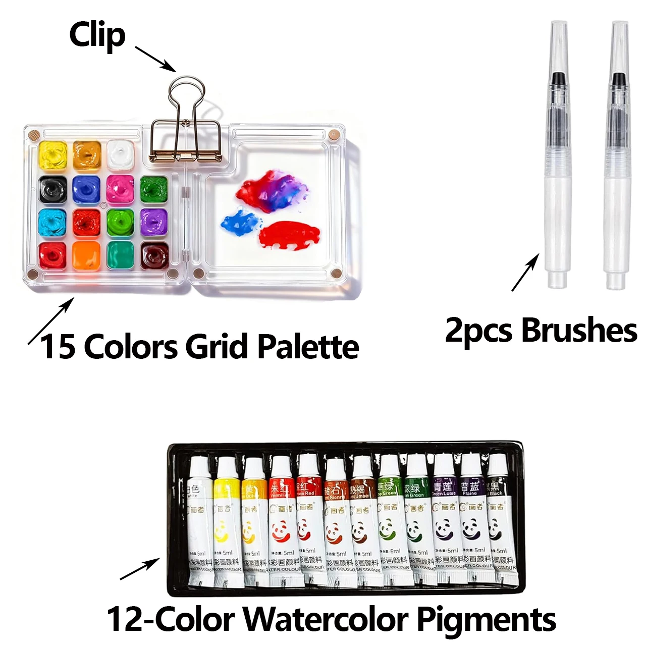 12 Farben Aquarell-Pigmente Malset mit 15-Fächer/8-Fächer tragbarer Aquarellpalette, Mischpalette mit Clip und Pinseln – Detail 7