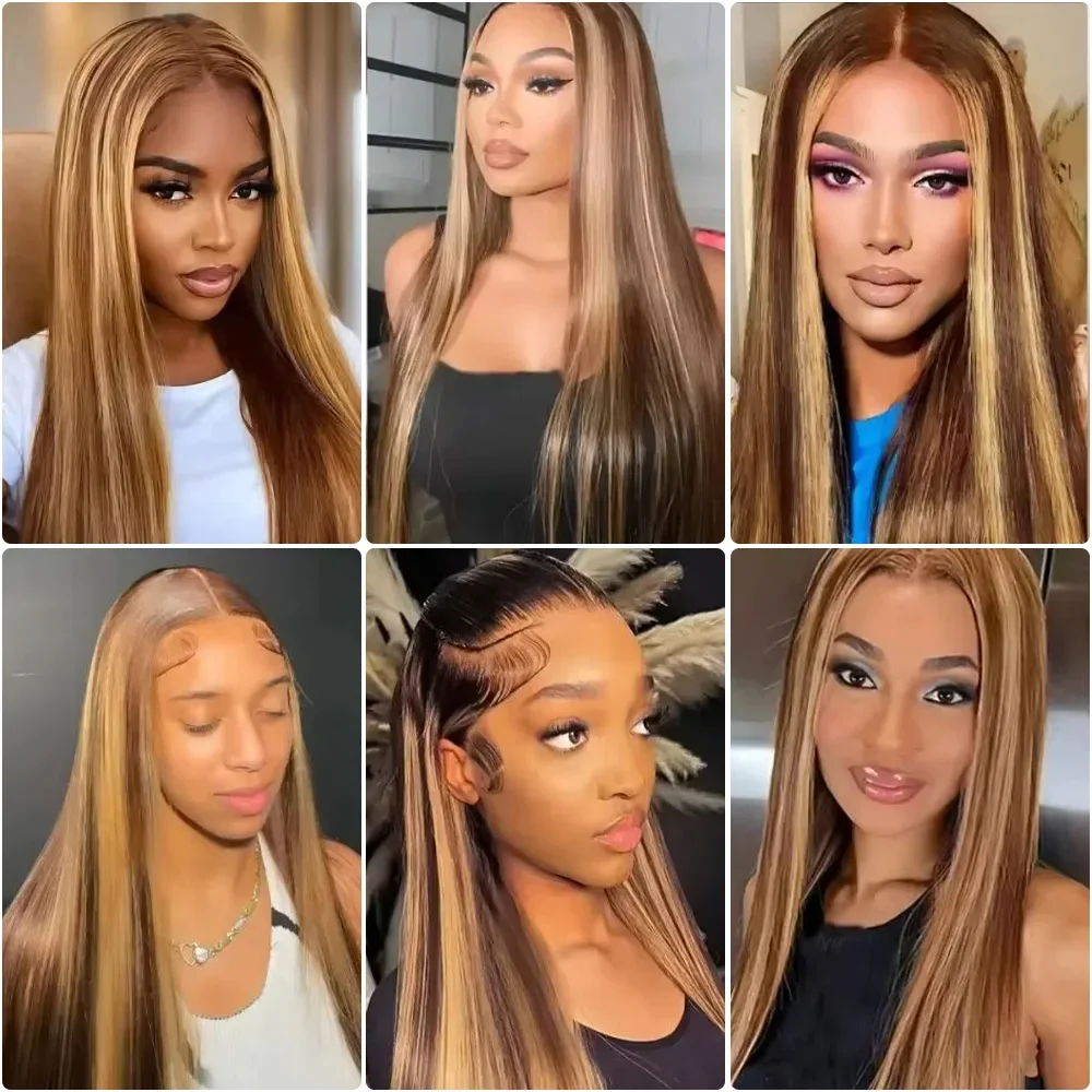 30 40 นิ้วความหนาแน่น 250 4/27 Highlight Ombre สีบลอนด์ Body Wave 13x4 ลูกไม้ด้านหน้าวิกผมสีน้ําตาล 13x6 HD ลูกไม้ด้านหน้าวิกผมมนุษย์