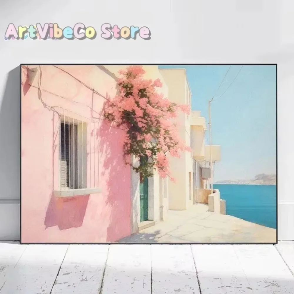 Surfboard Leans on the Chair – Beach Shade Summer Pink Coastal Frameless Canvas Poster for Home Wall Decor Gift