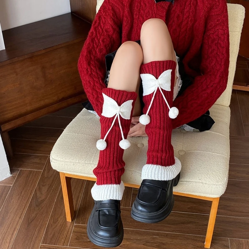 Soft Acrylic Anime Bows Ball Leg Warmers Elastic Stacked Socks for Women Leg Sleeve Socks Winter Fashion Accessories