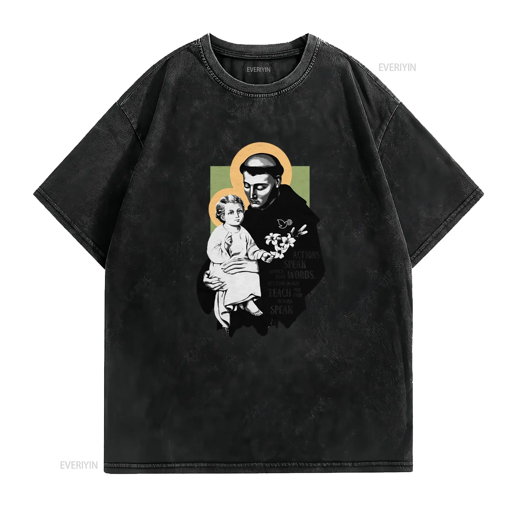 Vintage Catholic Saint Anthony Baby Jesus Slogan Print Casual T Shirt vintage Washed graphic Versatile Stylish designer clothes view 2