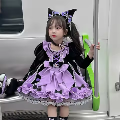 Cute Anime Kuromi Children Lolita Cosplay Princess Dress Sanrios Kawaii Girls High-Quality Dress Puffy Skirt Cute Halloween Gift