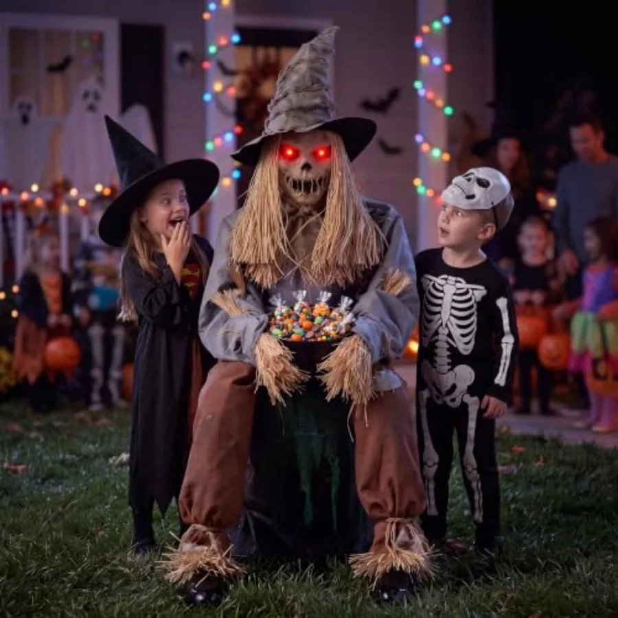 Outdoor Halloween decor: 49 sitting scarecrow animatronic with sound-activated jump scare, LED eyes, spooky sounds; weather-res