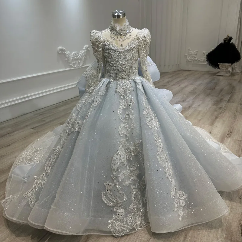 Vestido de novia de cola de diseño plisado de manga larga azul para niños