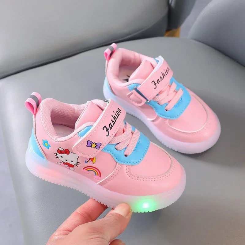 Spring Autumn Baby Girls Hello Kitty Led Light Shoes Children\'s Sneakers Toddler Anti-slip Walking Shoes Girls Outdoor Shoes