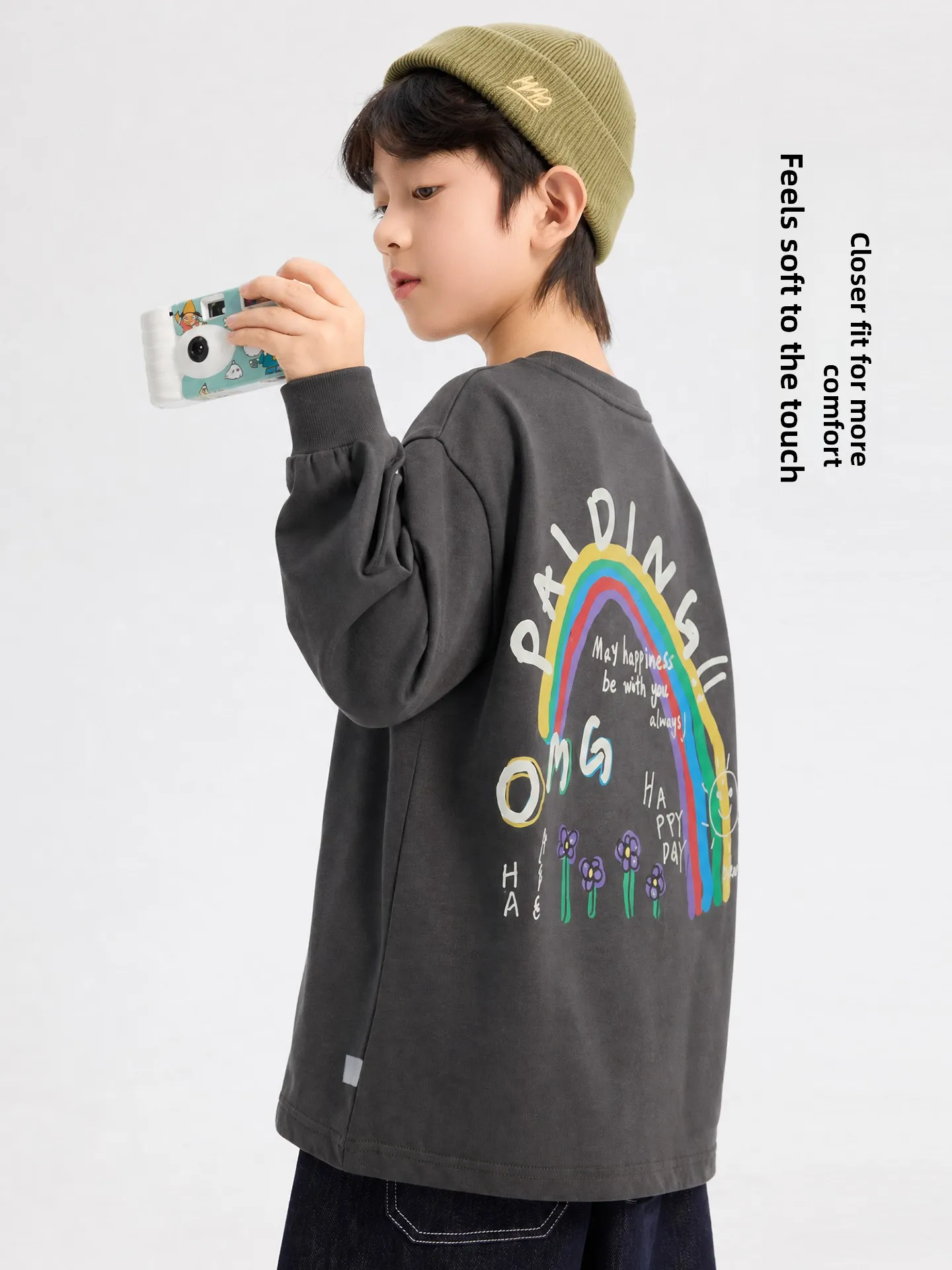 Rainbow Graffiti Long Sleeve Cotton T-Shirt for Boys Kids Fashion Basic Layering Shirt Korean Style Loose Fit Autumn New Arrival