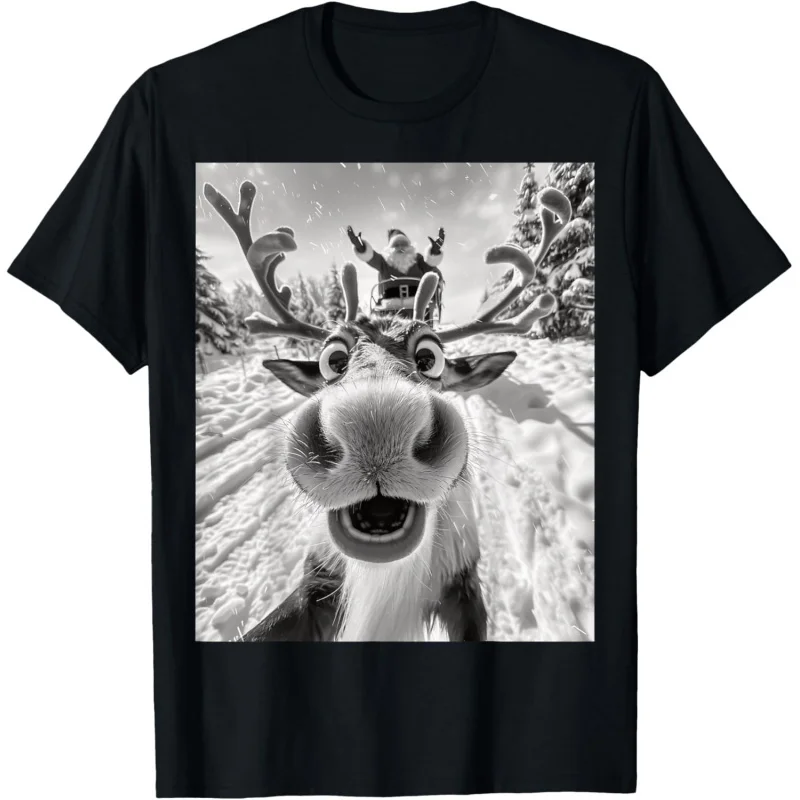 Funny Reindeer Selfie Christmas T-Shirt Loose men's and women's