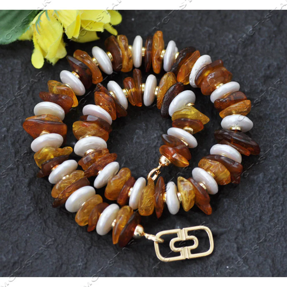 

Z14056 18" 100% Natural Brown Yellow Sheet Amber White Coin Pearl Necklace