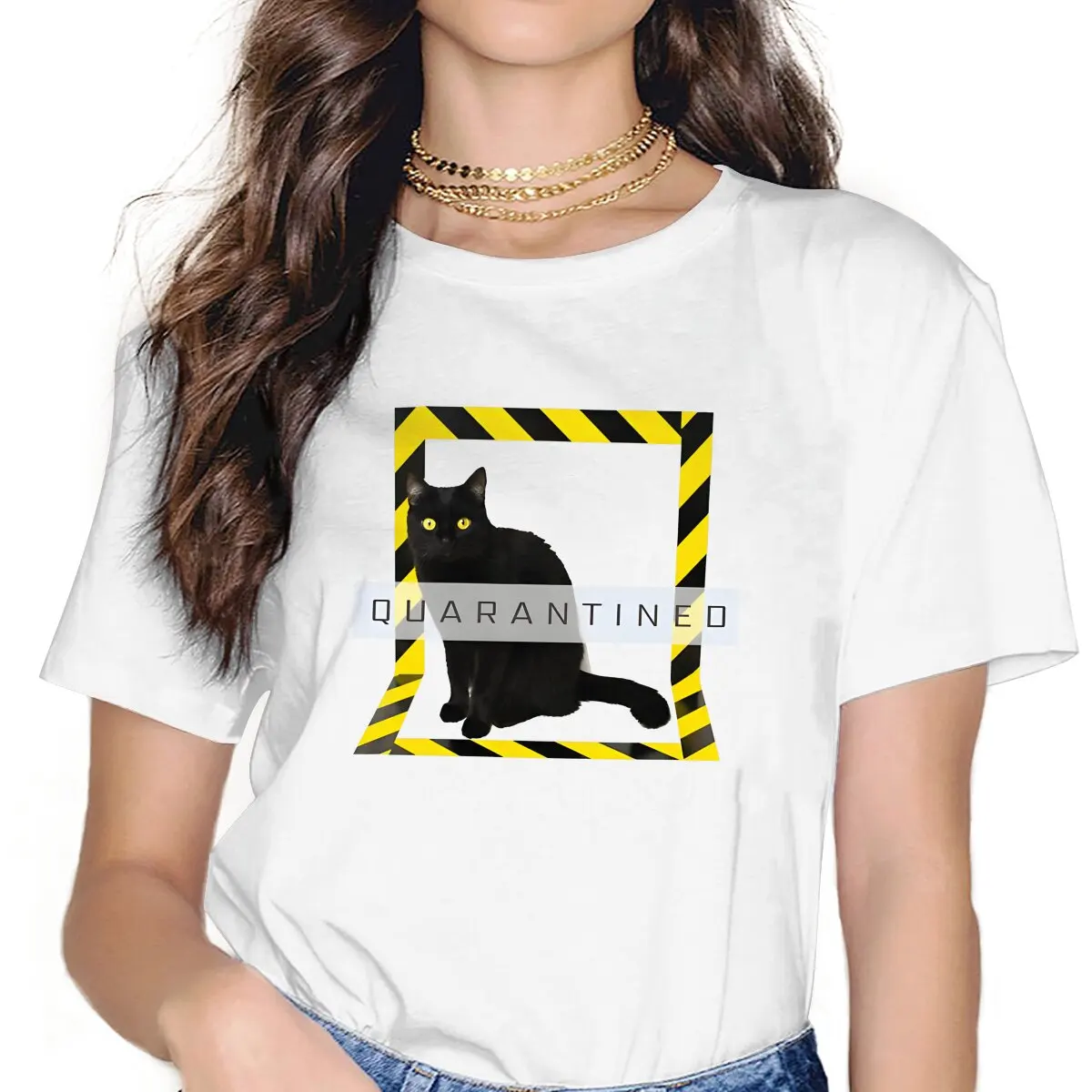 Camiseta de poliéster con estampado de gatos negros para mujer, ropa de calle cómoda, camiseta informal en Quarantined