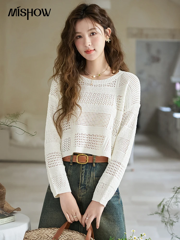 MISHOW Round Neck Hollow Out Knitted Striped Top for Women 2024 Korean Solid Loose Casual Pullovers Tops Office Lady MXD14Z0404