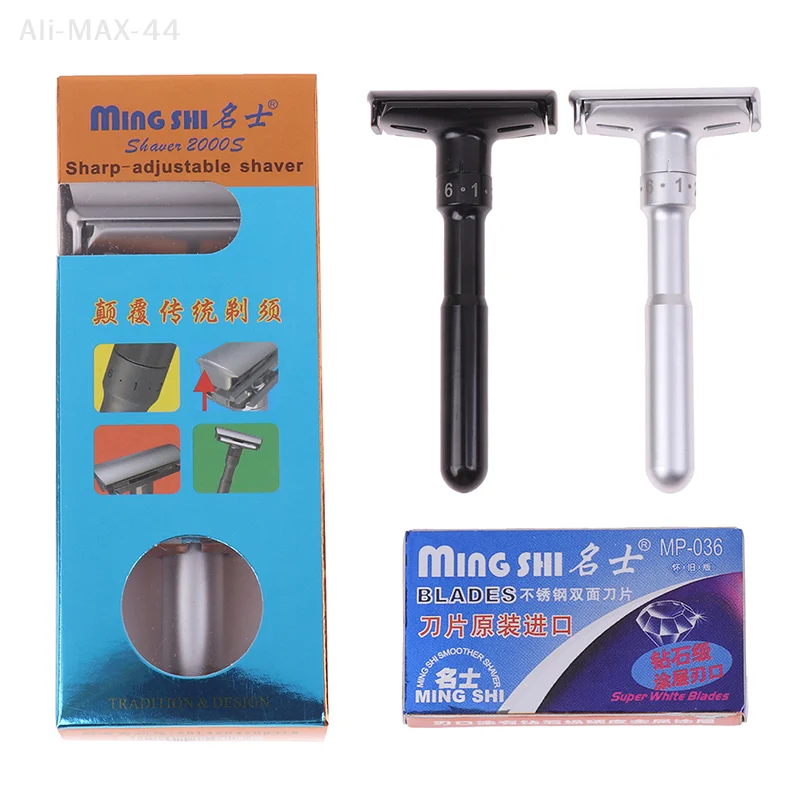 Adjustable Double Edge Classic Safety Razor for Men Barber Tools Hair Shaver with 5pcs Stainless Steel Blades