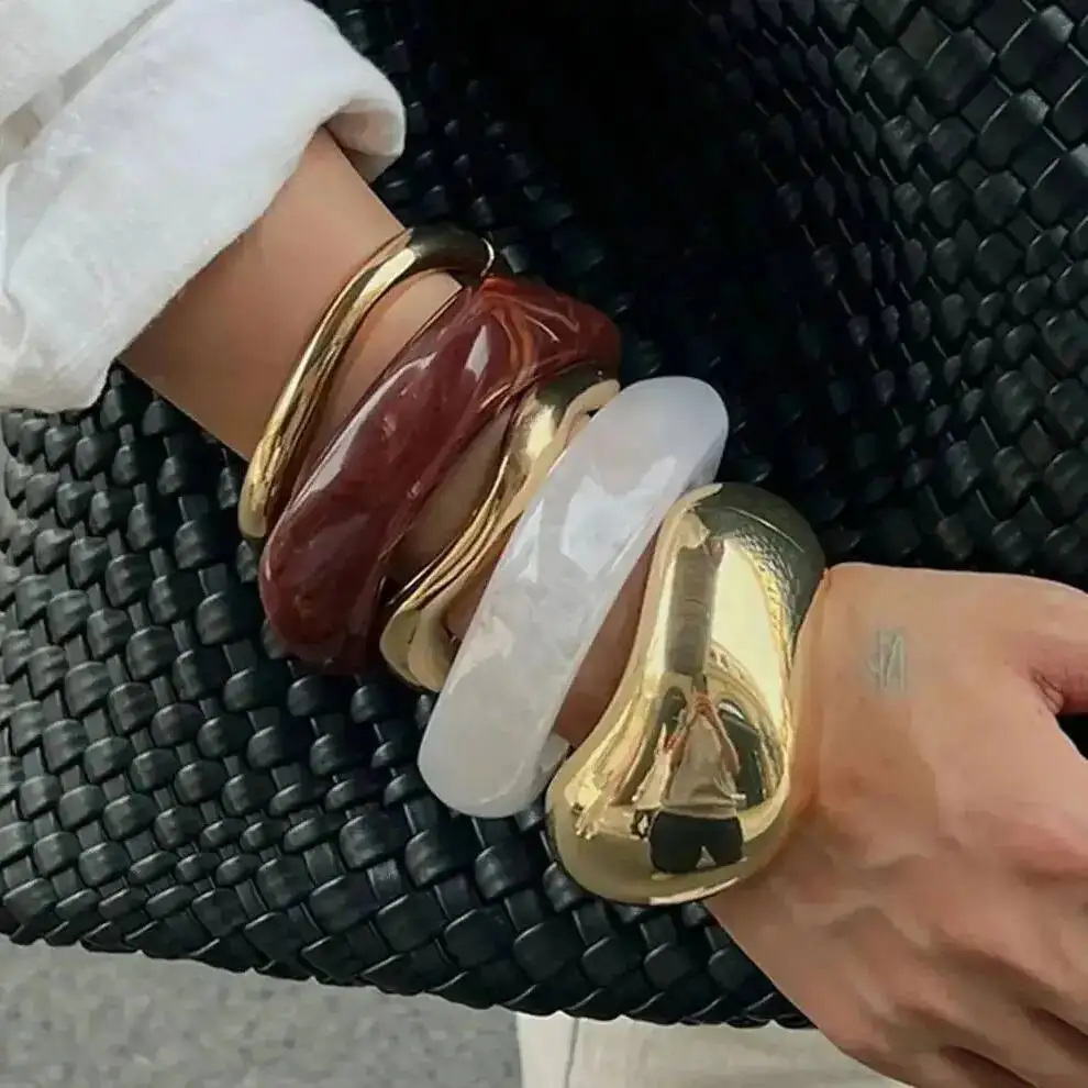 KunJoe Punk Irregular Thick Resin Acrylic Bracelets Bangles for Women Vintage Metal Open Wide Bangle Fashion Street Jewelry Men