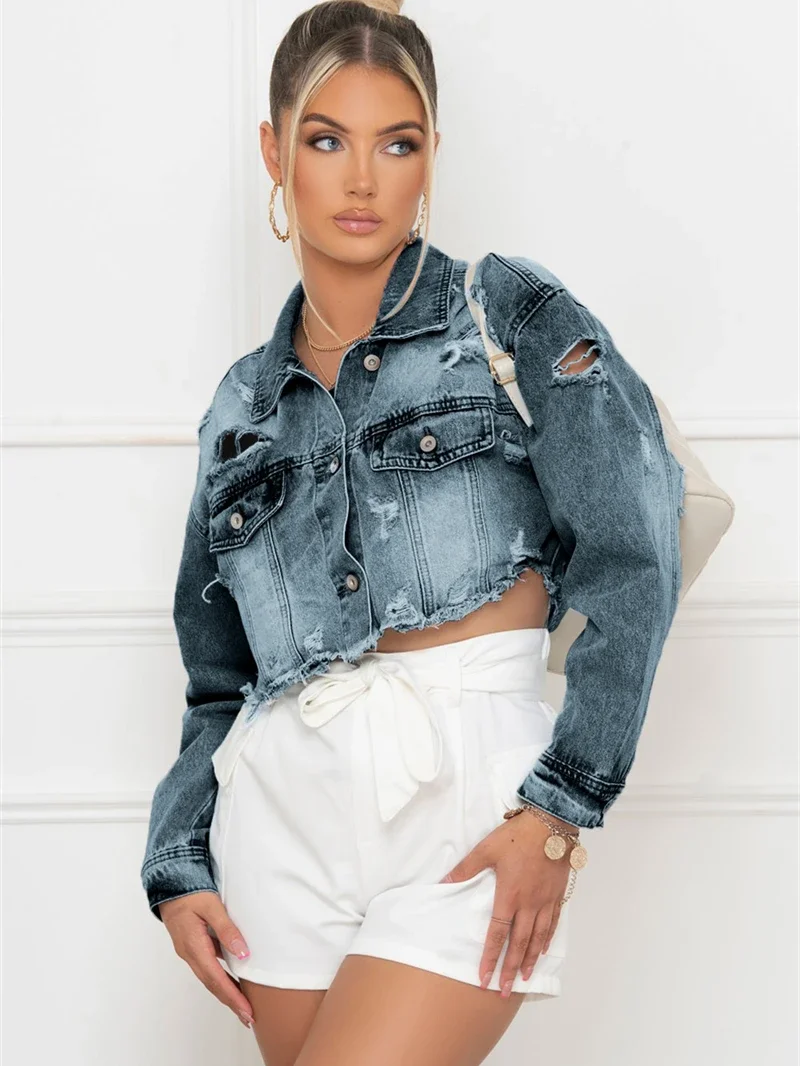 

INS Fashion Ripped Denim Jacket For Women Autumn Clothes Full Sleeve Holes Button Up Jean Coat Streetwear Denim Crop Top Outwear